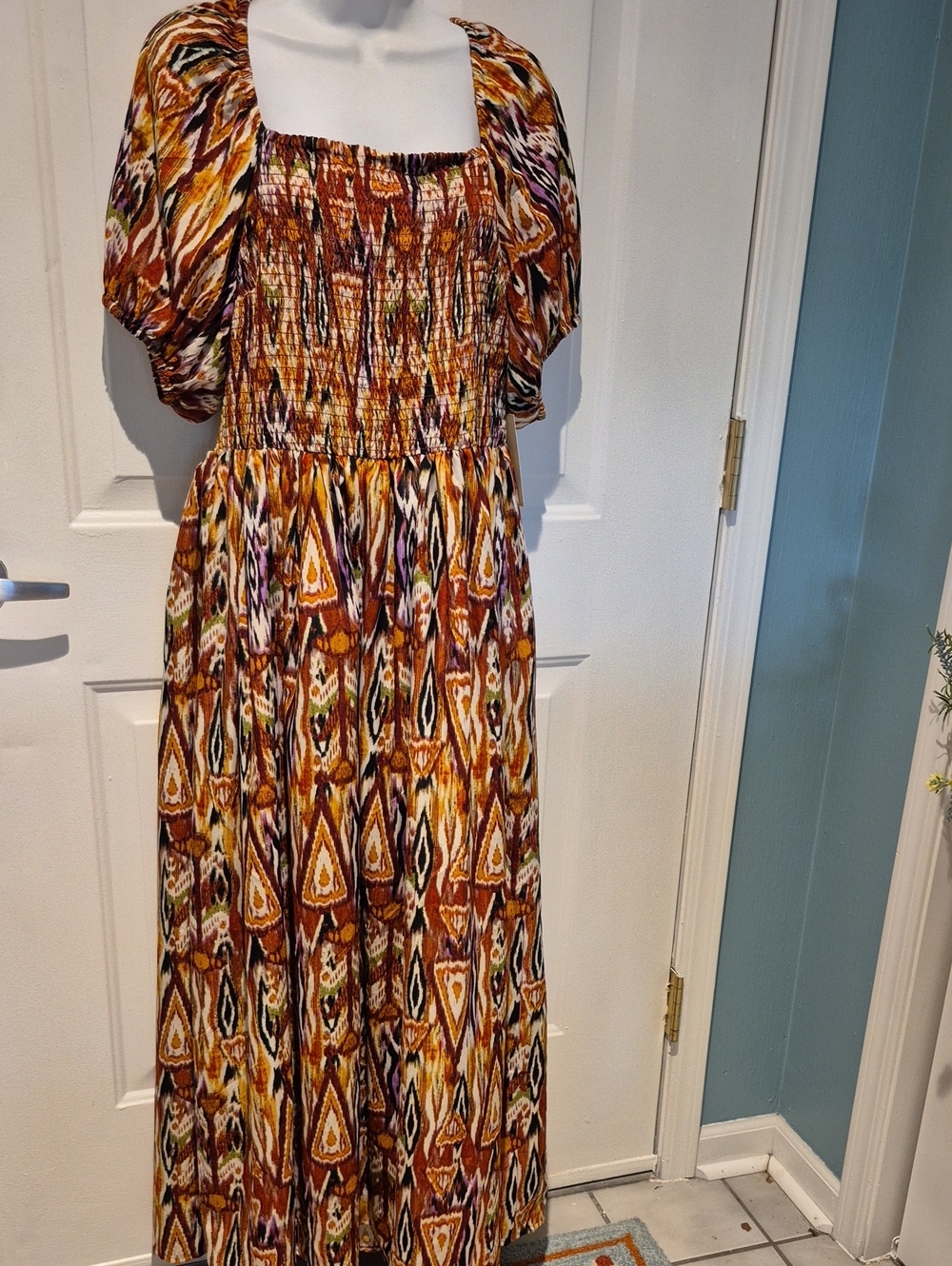 Moon Orchid Smocked Square-Neck Maxi Dress in Autumn Ikat Print